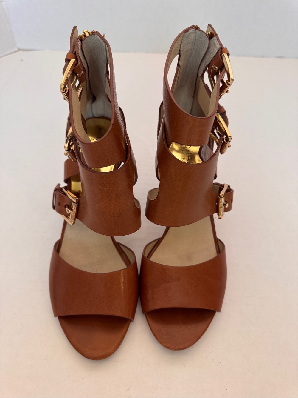 Michael Michael Kors Lucinda Brown Leather Strap Heels 8.5 M Sandals Gold Buckle - Picture 3 of 11